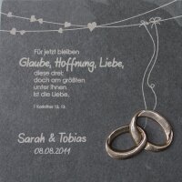 Schieferrelief zur Hochzeit mit Ringen aus Bronze und...