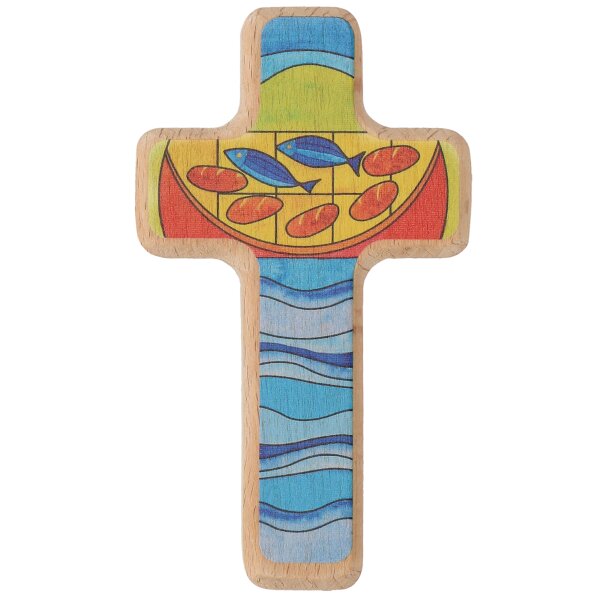 Kinderholzkreuz - Brot und Fische  11 x 7 cm