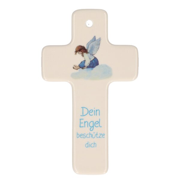 Kreuz aus Porzellan Thema Dein Engel beschütze dich - blau