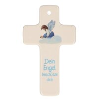 Kreuz aus Porzellan Thema Dein Engel besch&uuml;tze dich - blau