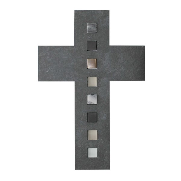 Schieferkreuz mit Inlays aus Bronze und Glas