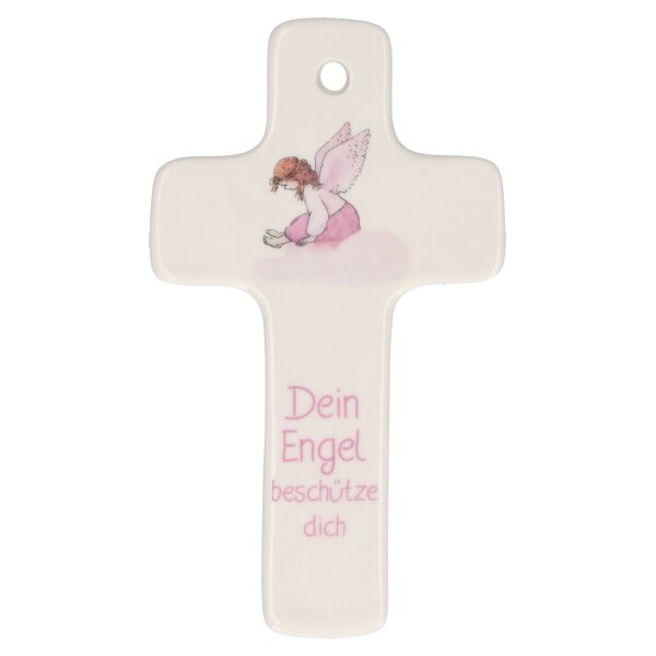 Kreuz aus Porzellan Thema Dein Engel beschütze dich - Rosa