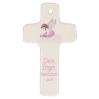 Kreuz aus Porzellan Thema Dein Engel besch&uuml;tze dich - Rosa