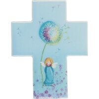 Kinderkreuz aus Porzellan - Pusteblume und Engel - hellblau